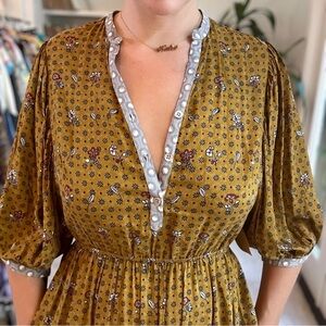Indian Dress Bohemian Floral Print Maxi Mustard Yellow Gray Medium